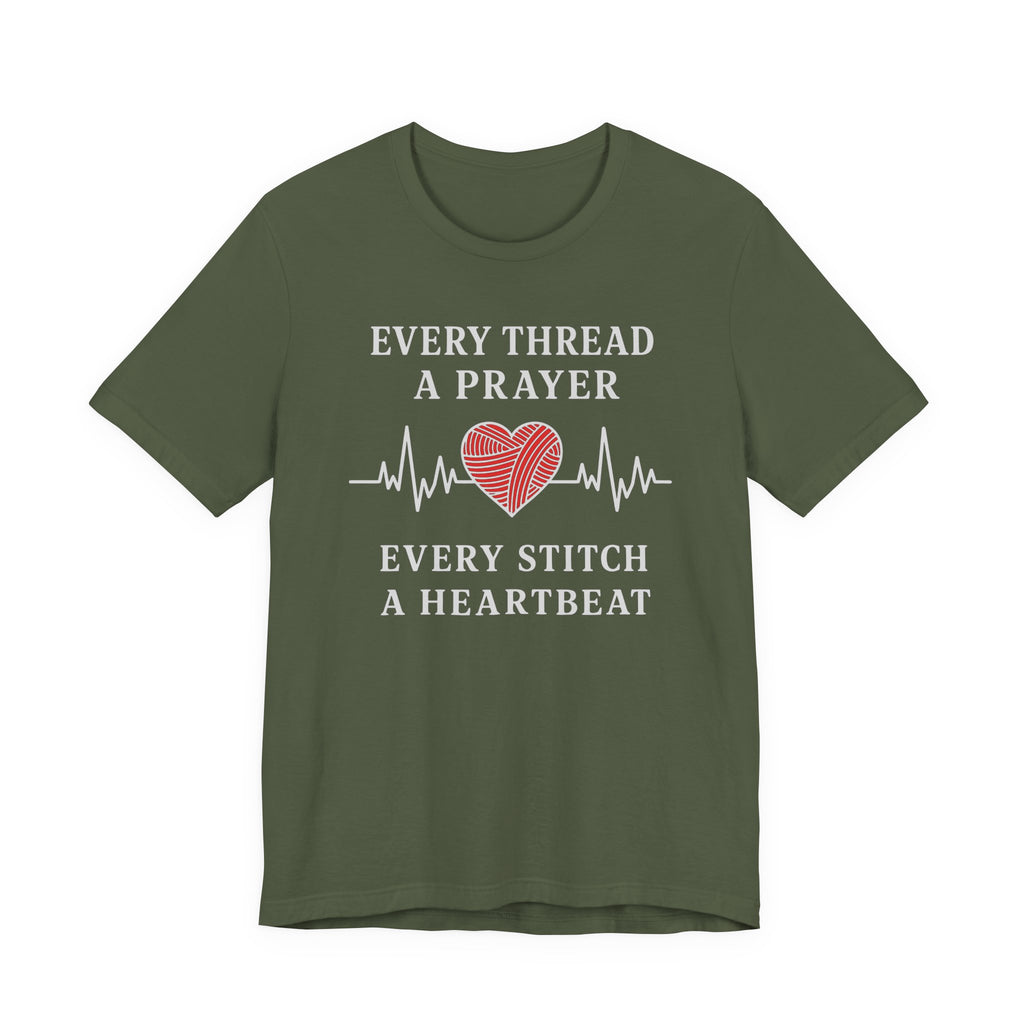 Every Thread A Prayer Every Stitch Heartbeat (Christian Heart Sewing - Dark Tee)