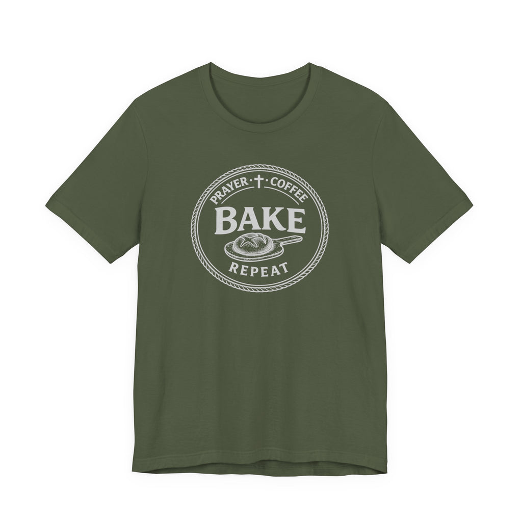 Prayer + Coffee + Bake + Repeat (Christian Tee in Dark Colors)