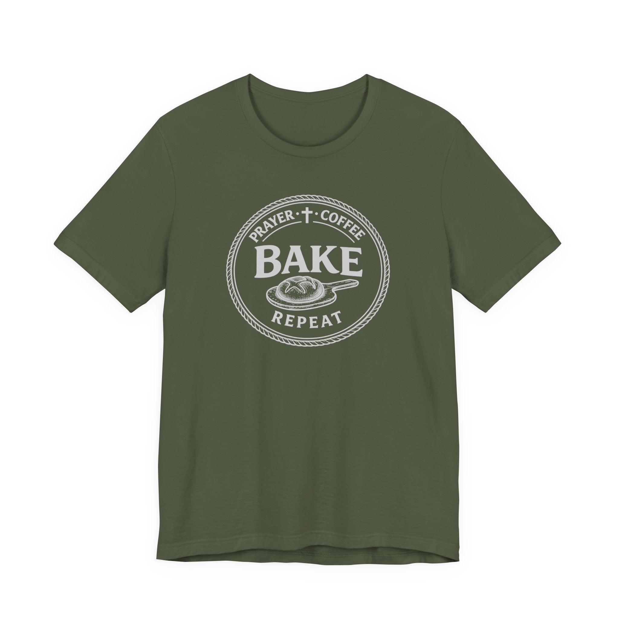 Prayer + Coffee + Bake + Repeat (Christian Tee in Dark Colors)