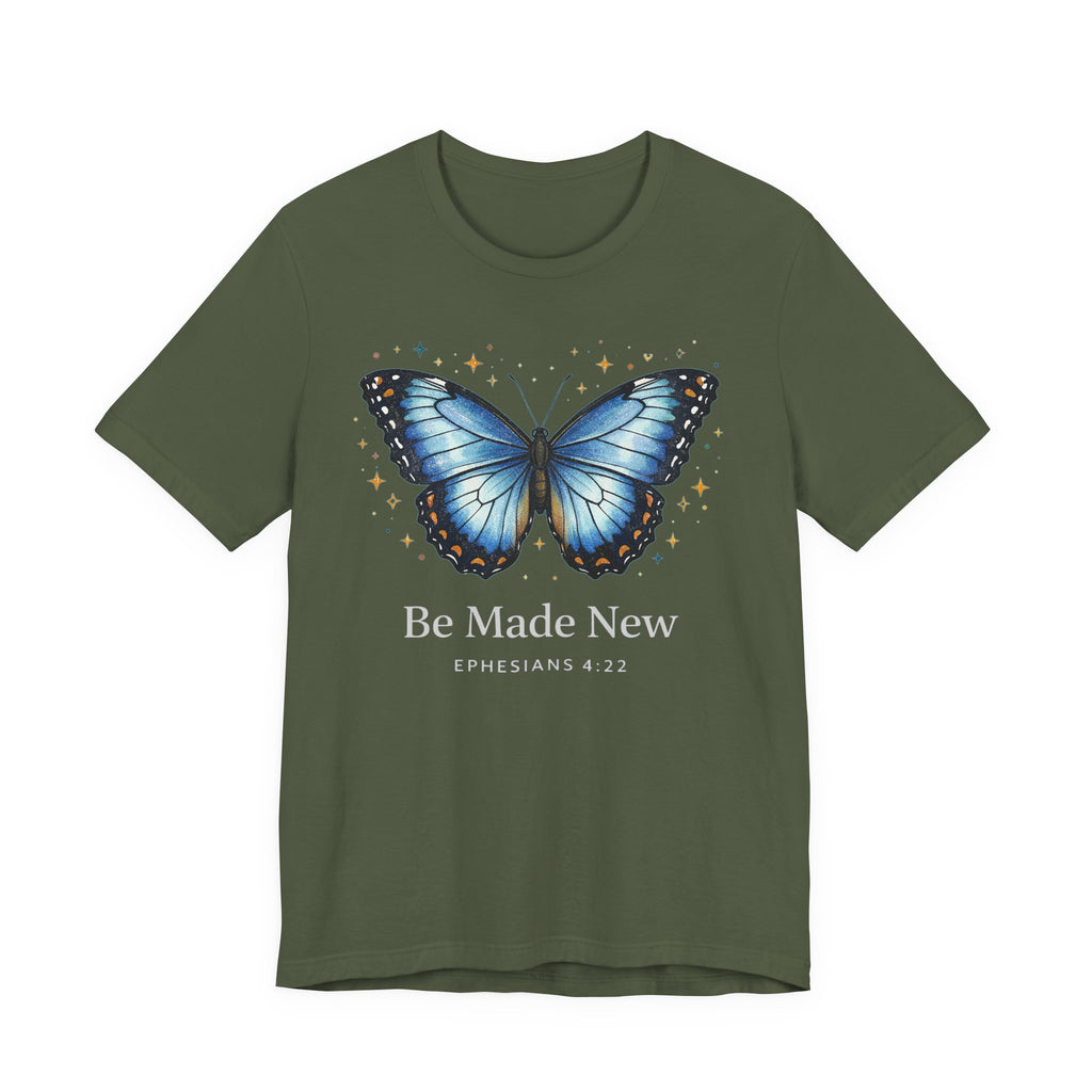 Be Made New Morpho Butterfly (Ephesians 4:22 Christian Tee in Dark Colors)
