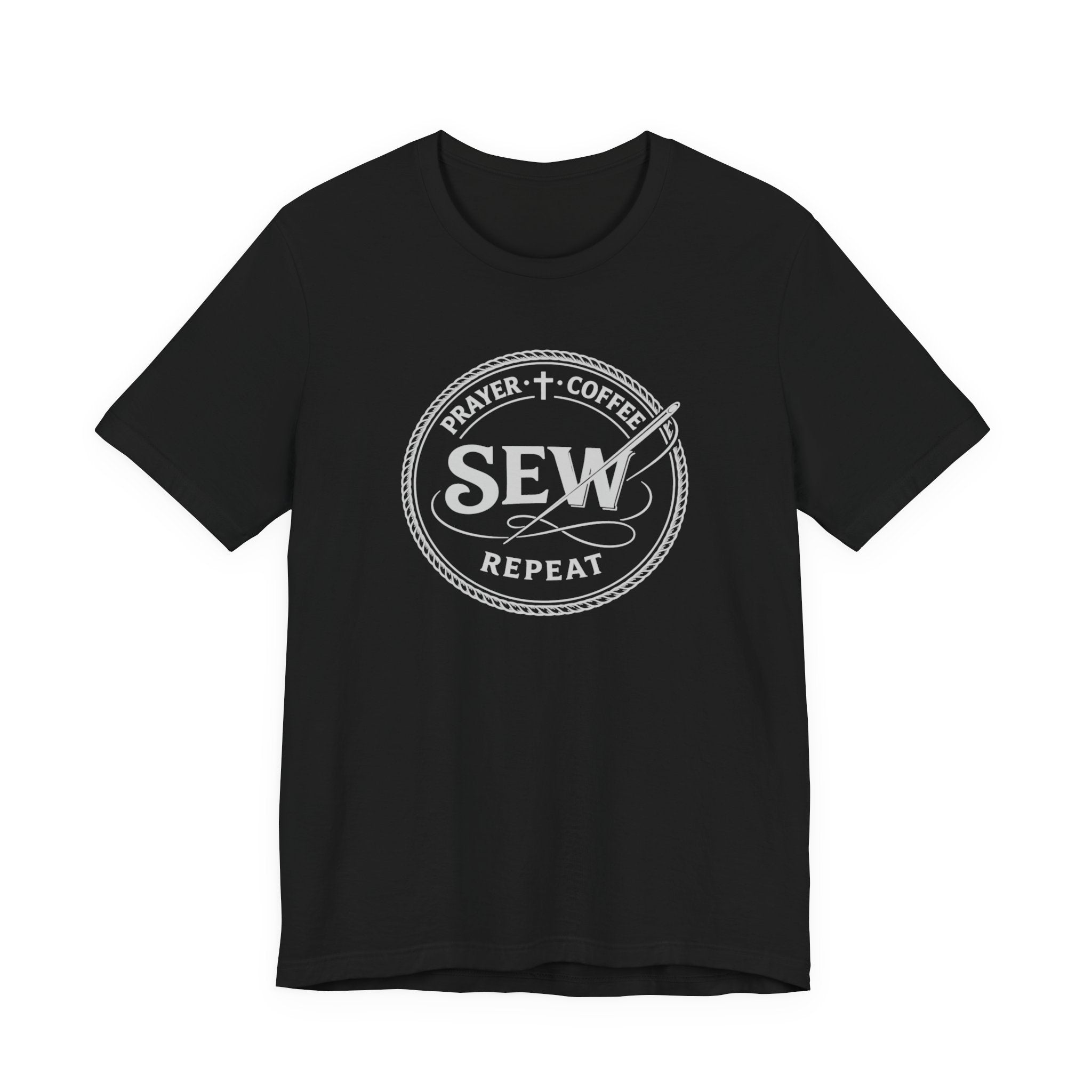 Prayer + Coffee + Sew + Repeat (Christian Tee in Dark Colors)