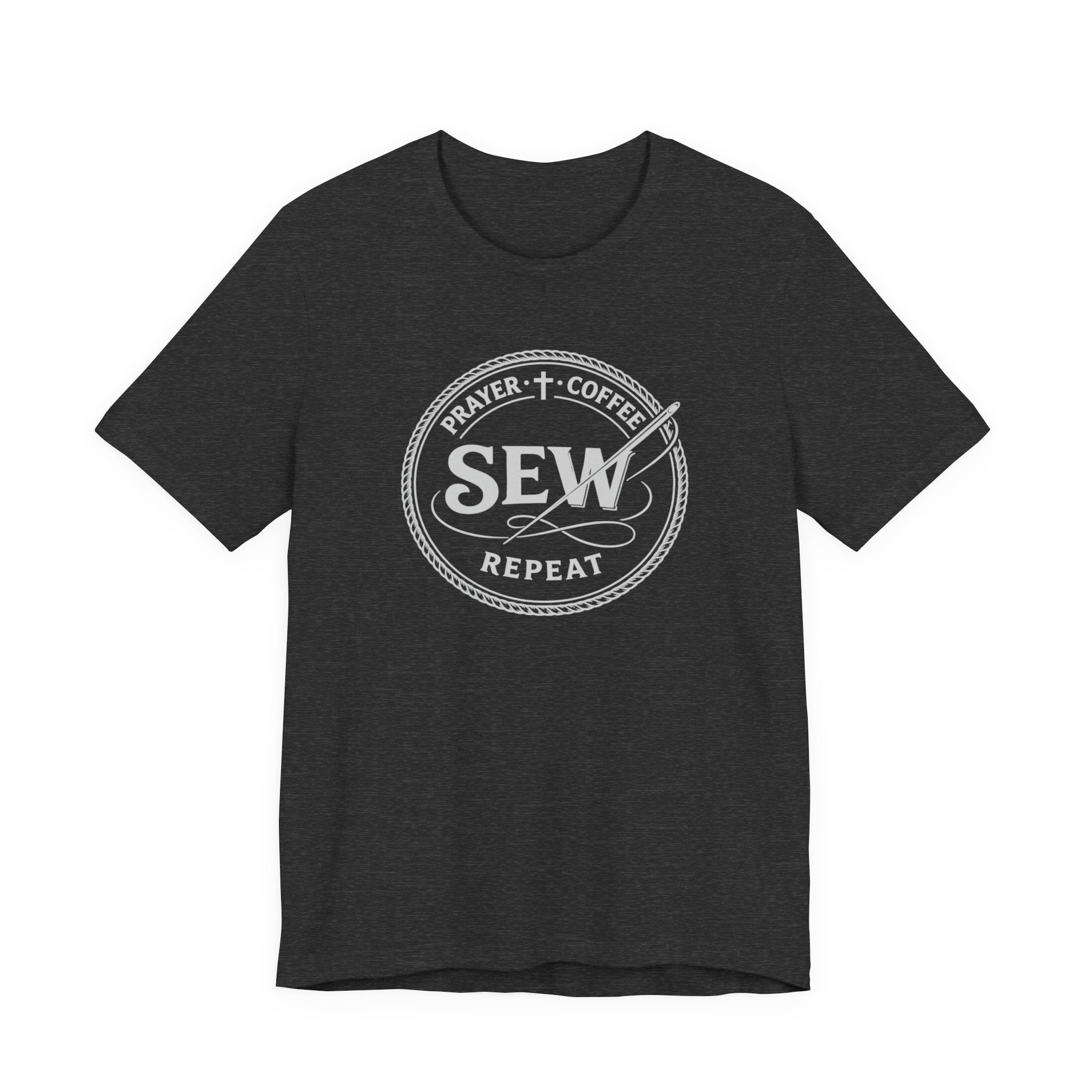 Prayer + Coffee + Sew + Repeat (Christian Tee in Dark Colors)