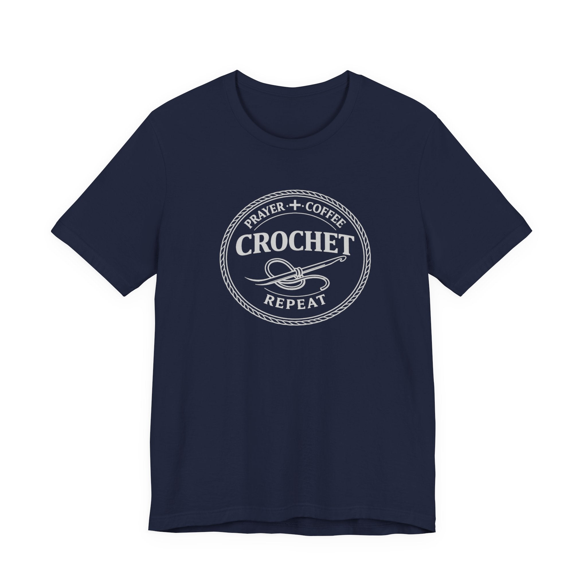 Prayer + Coffee + Crochet + Repeat (Christian Tee in Dark Colors)