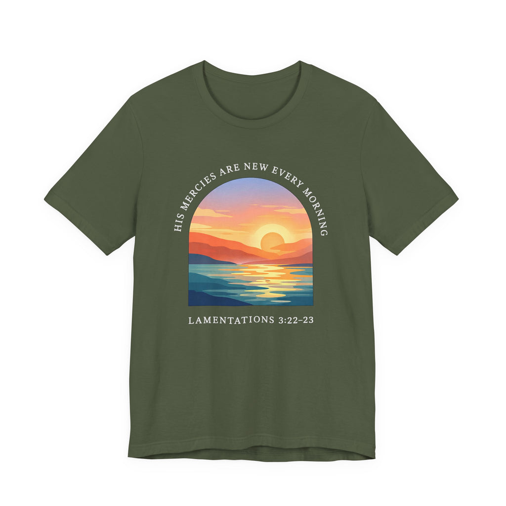 His Mercies Are New Every Morning (Lamentations 3:22-23  Tee in Dark Colors)