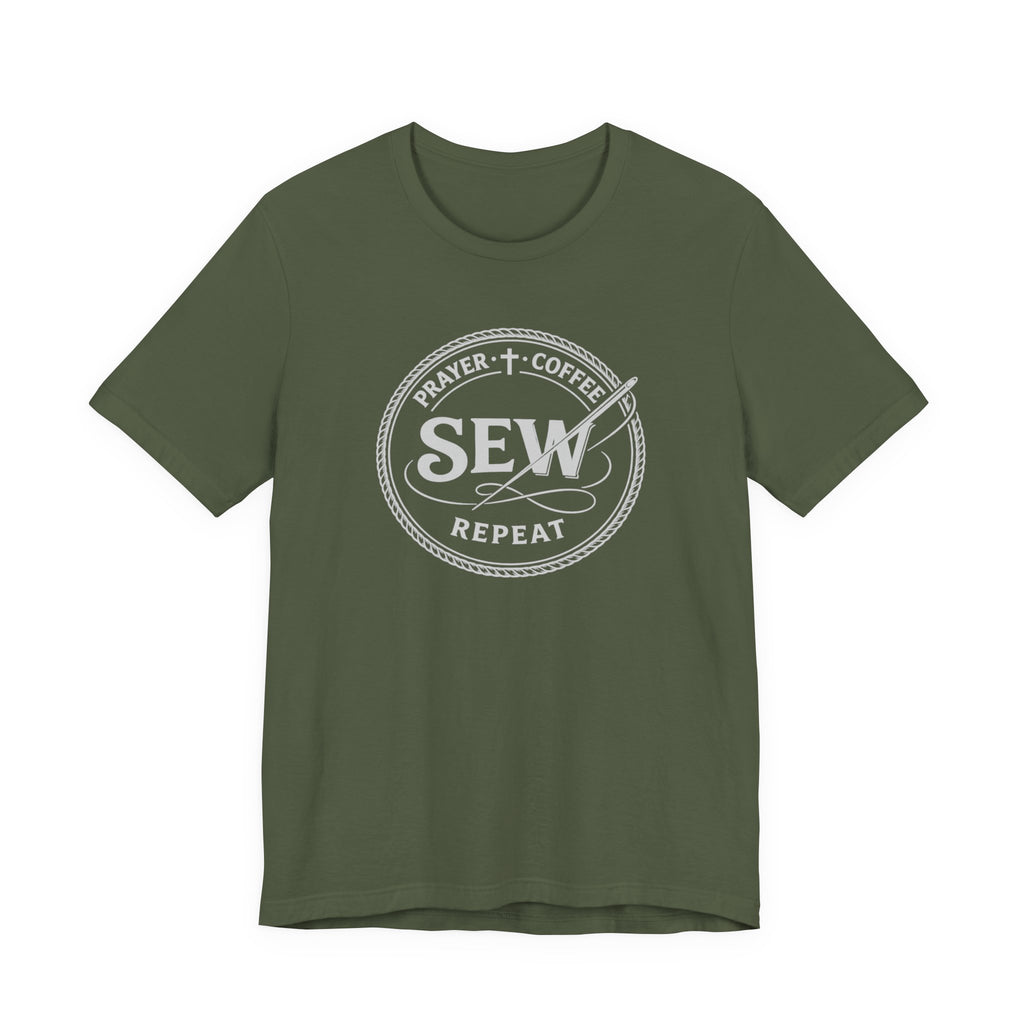 Prayer + Coffee + Sew + Repeat (Christian Tee in Dark Colors)