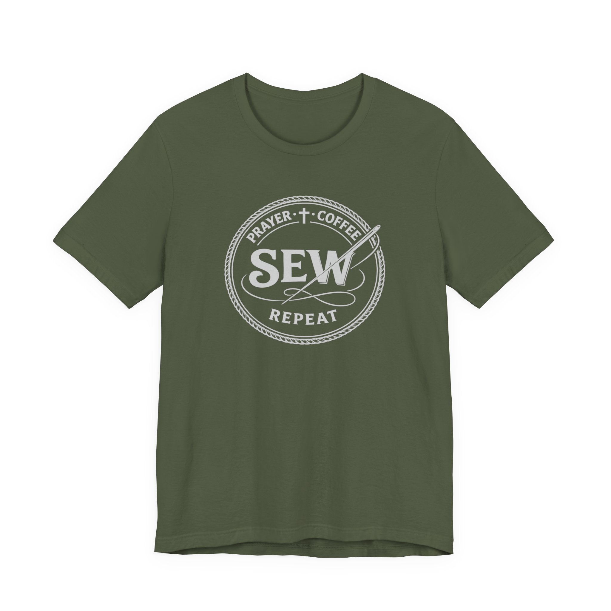 Prayer + Coffee + Sew + Repeat (Christian Tee in Dark Colors)