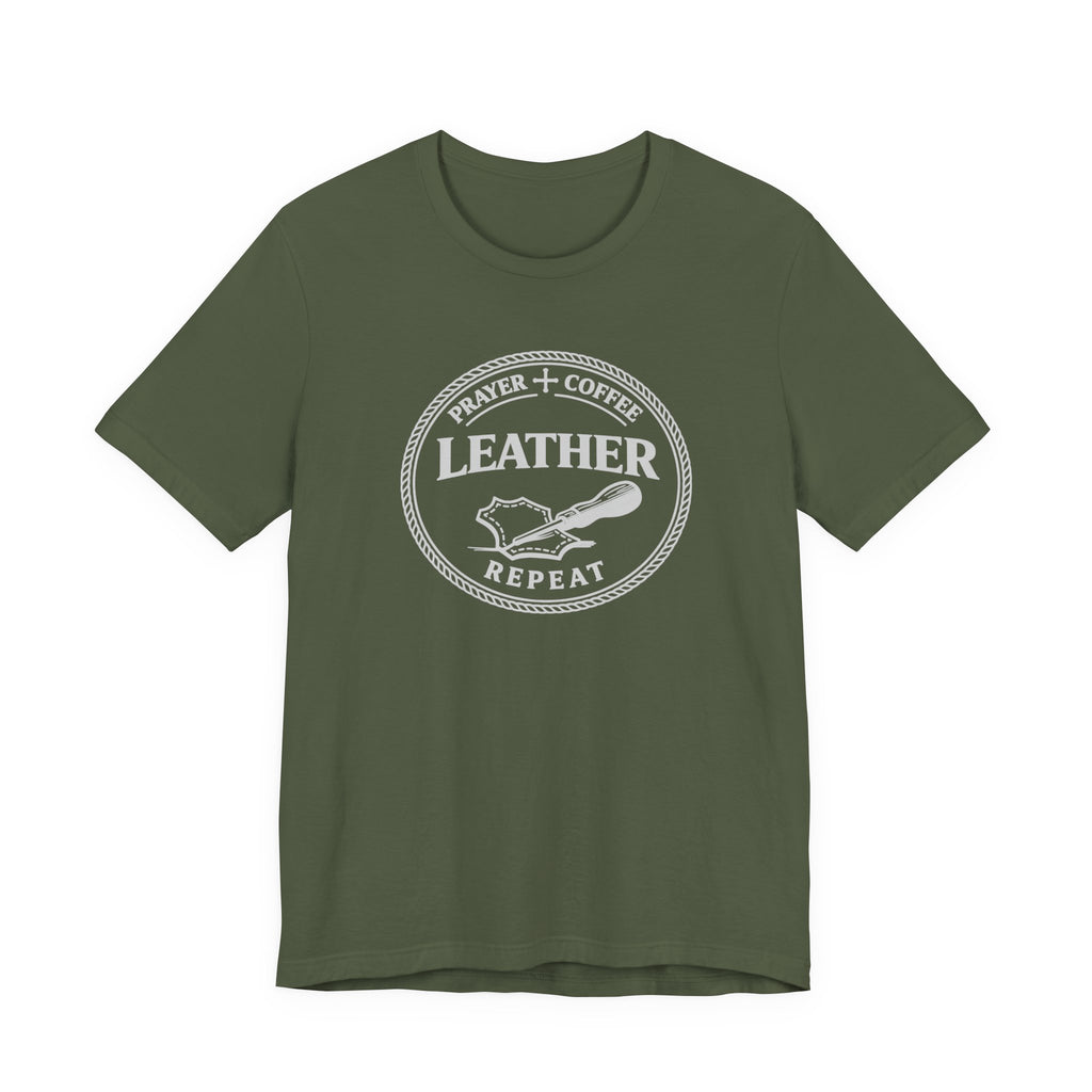 Prayer + Coffee + Leather + Repeat (Christian Tee in Dark Colors)