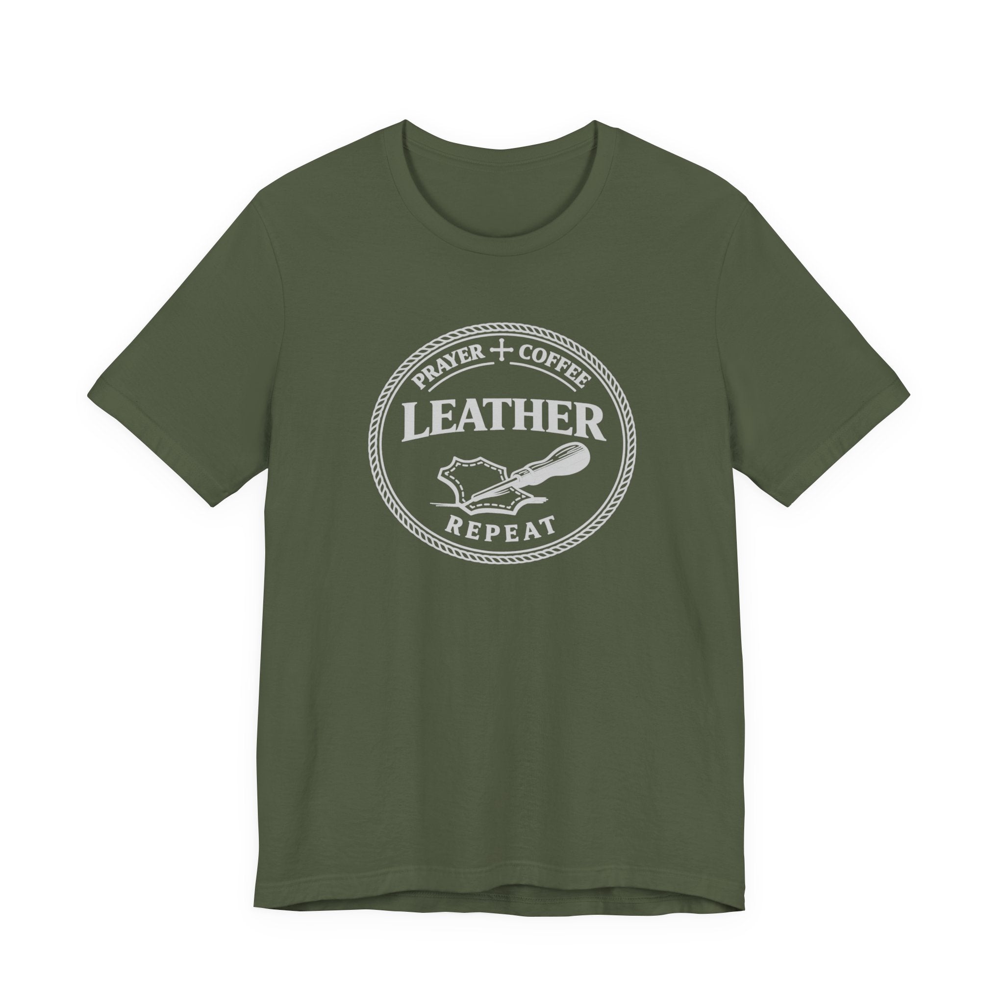 Prayer + Coffee + Leather + Repeat (Christian Tee in Dark Colors)