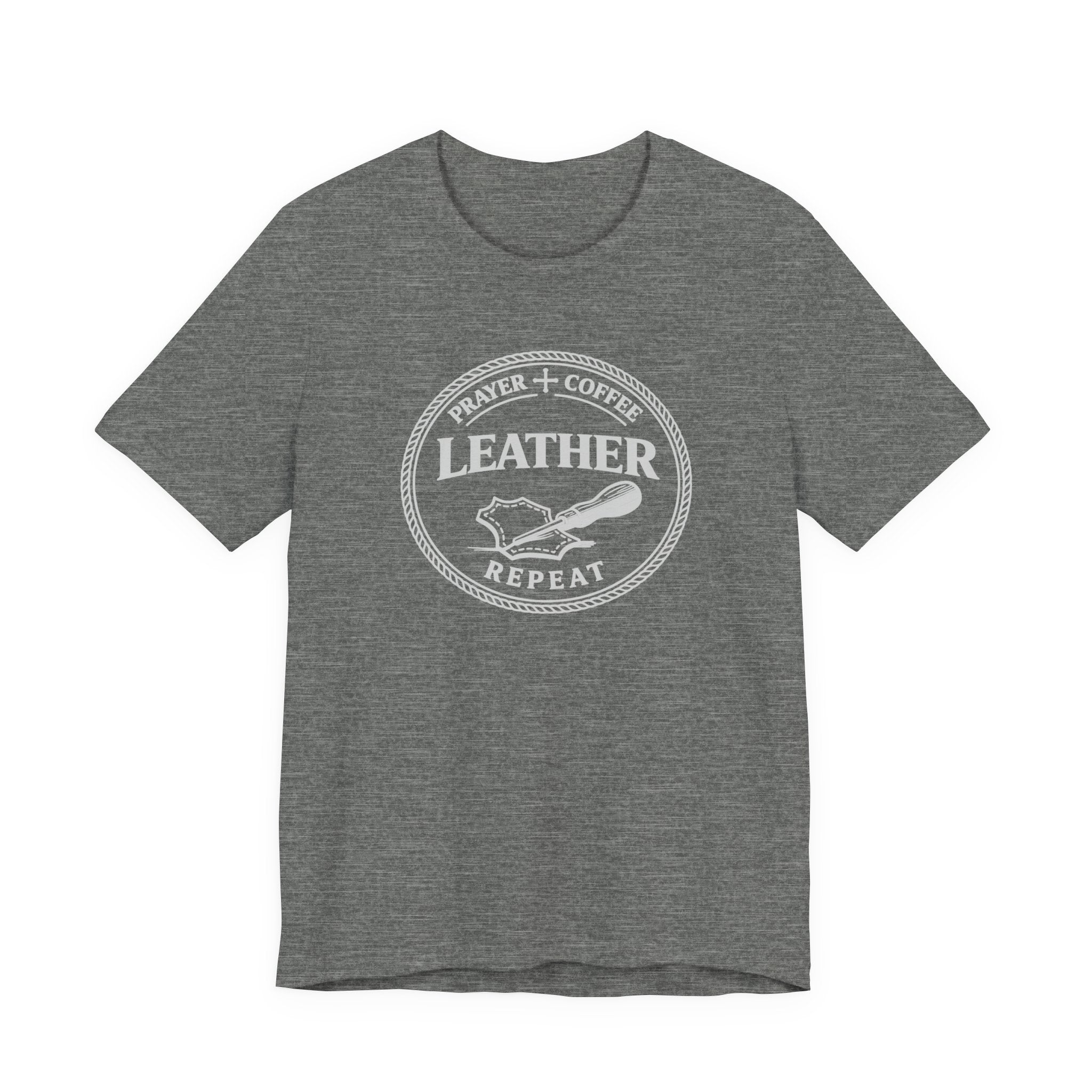 Prayer + Coffee + Leather + Repeat (Christian Tee in Dark Colors)
