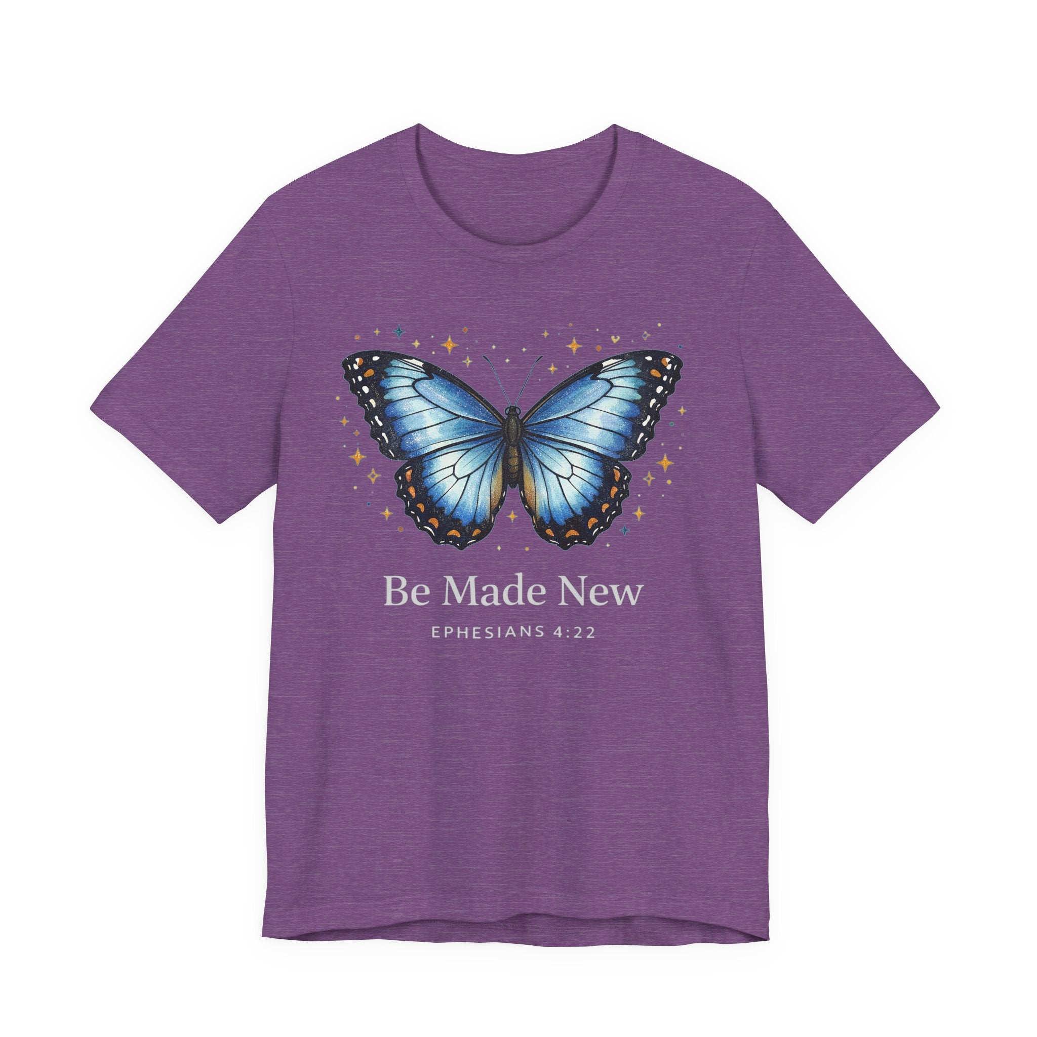Be Made New Morpho Butterfly (Ephesians 4:22 Christian Tee in Dark Colors)