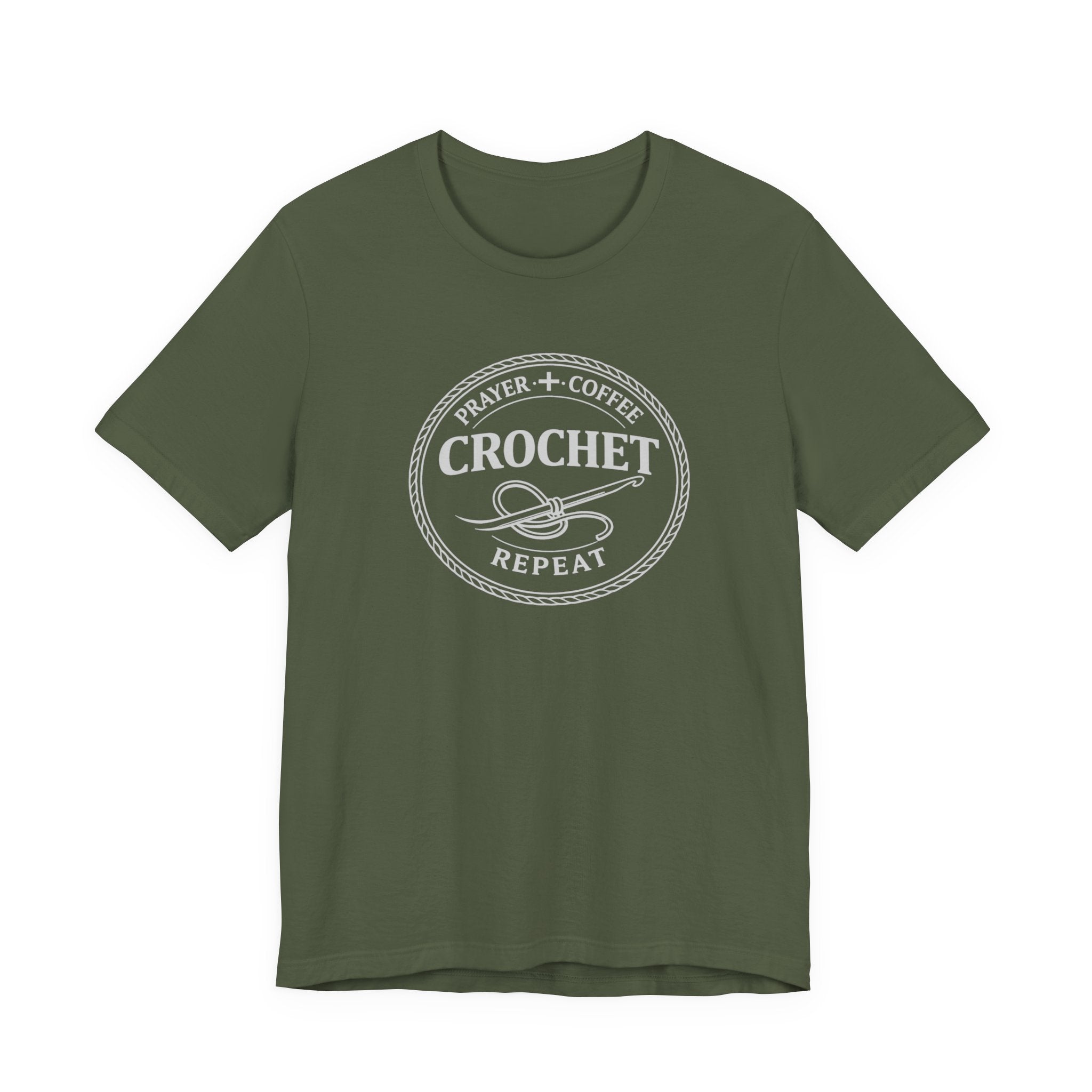 Prayer + Coffee + Crochet + Repeat (Christian Tee in Dark Colors)