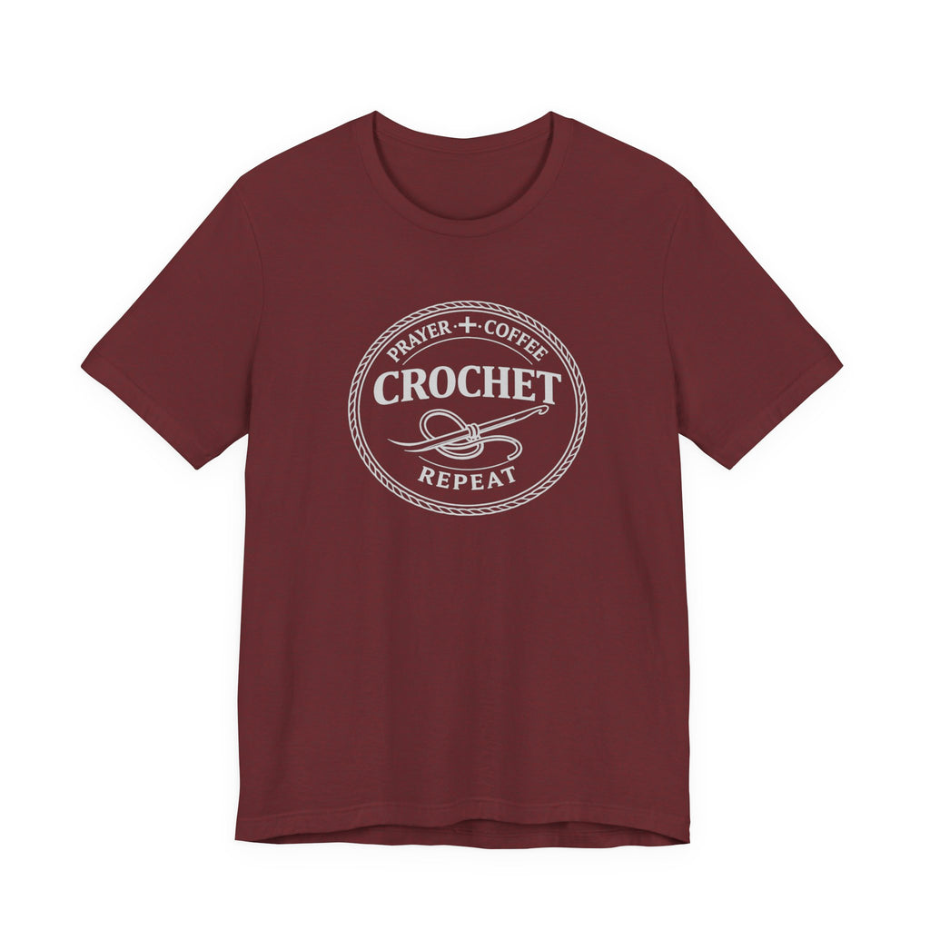 Prayer + Coffee + Crochet + Repeat (Christian Tee in Dark Colors)