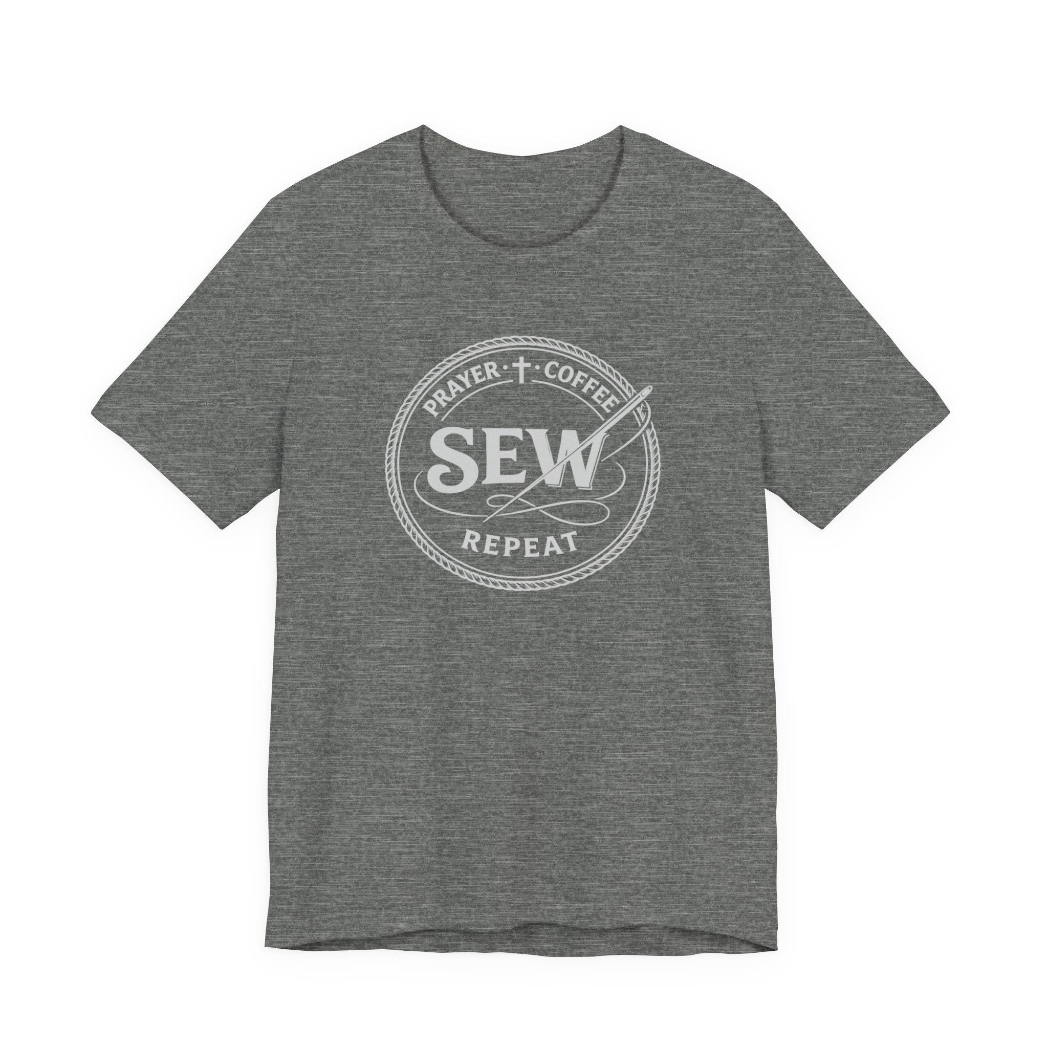 Prayer + Coffee + Sew + Repeat (Christian Tee in Dark Colors)