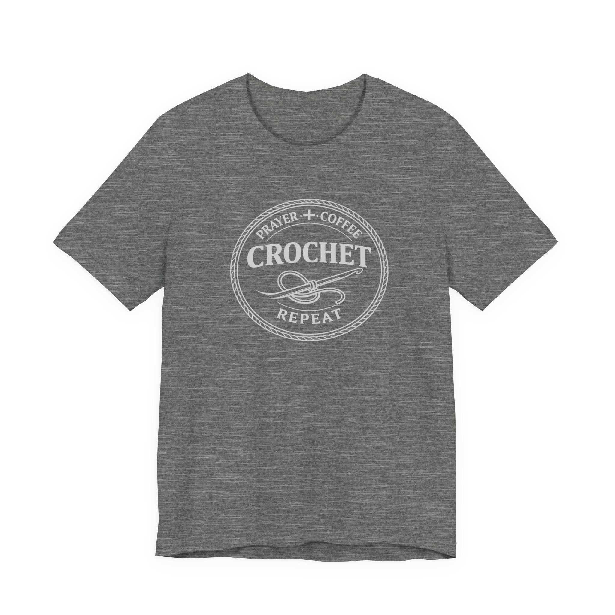 Prayer + Coffee + Crochet + Repeat (Christian Tee in Dark Colors)