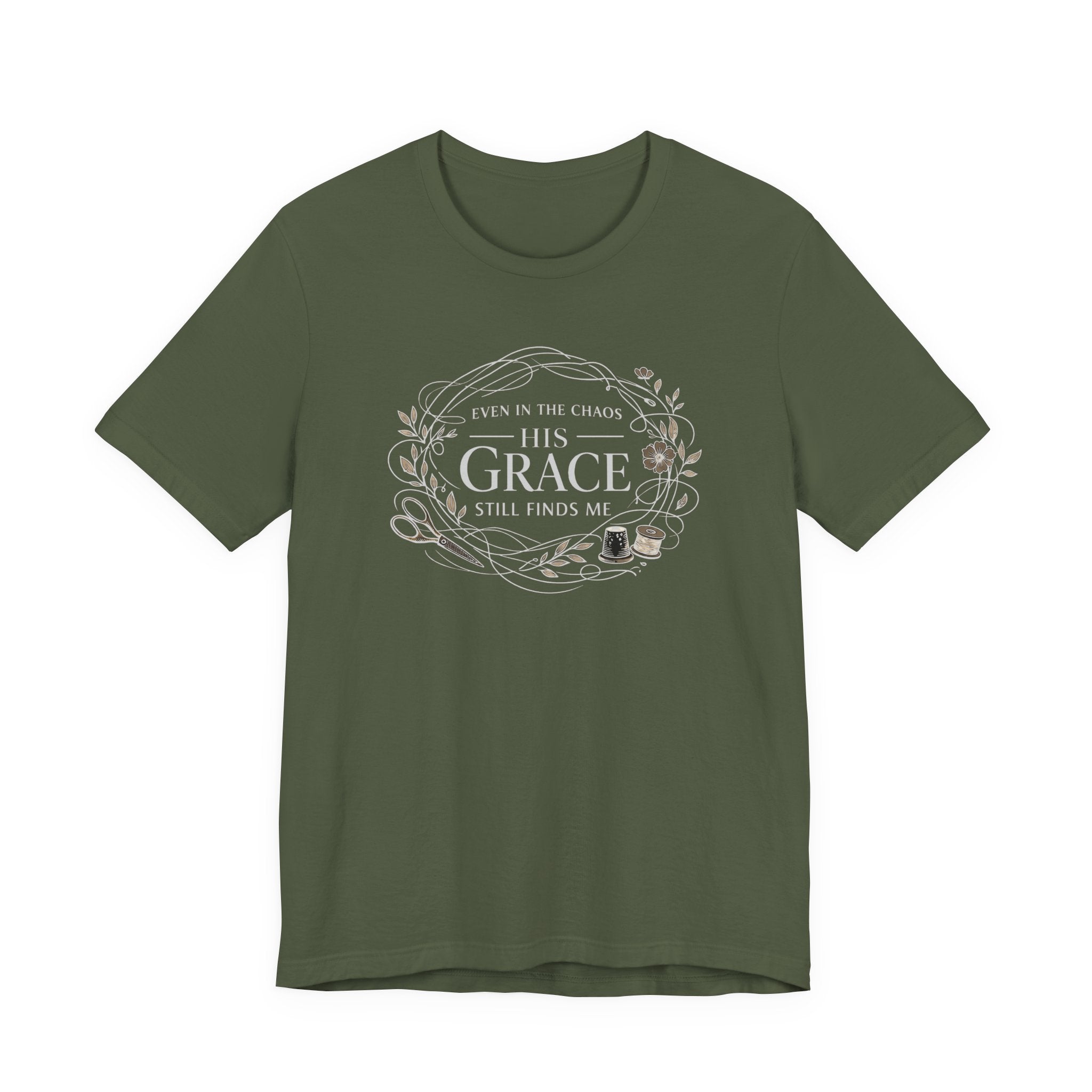 Even in Chaos His Grace Finds Me (Christian Sewing Tee in Dark Colors)